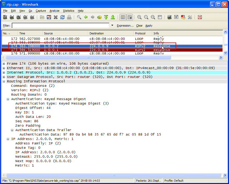 Configuration of the RIPv2 authentication