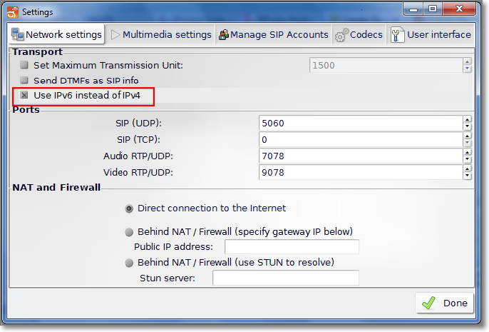 Configuring Linphone to use SIP over IPv6